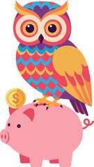 Fototapeta premium Colorful owl perched on a piggy bank with a dollar coin in flat vector art