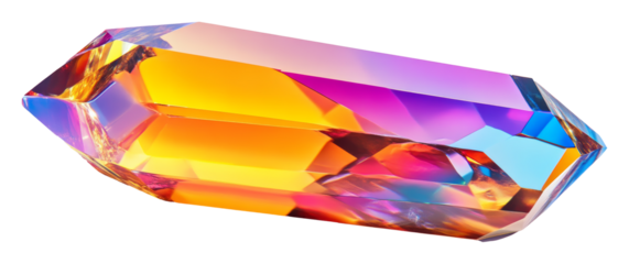 Colorful iridescent crystal with vibrant hues reflecting light on transparent background, digital illustration