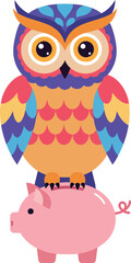 Obraz premium Colorful owl perched on a pink piggy bank in a flat vector illustration