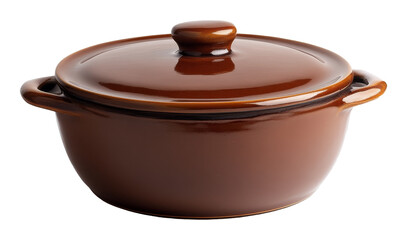 Brown ceramic casserole dish with lid against a transparent background