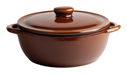 Brown ceramic casserole dish with lid against a transparent background