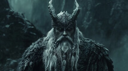 Obraz premium Mystical viking warrior with horned helmet in forest.