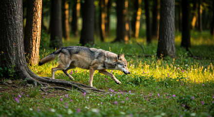 Obraz premium A lone European wolf sprints between trees in an autumn forest, its fur nearly invisible in the golden hues, capturing the primal energy of the wild.