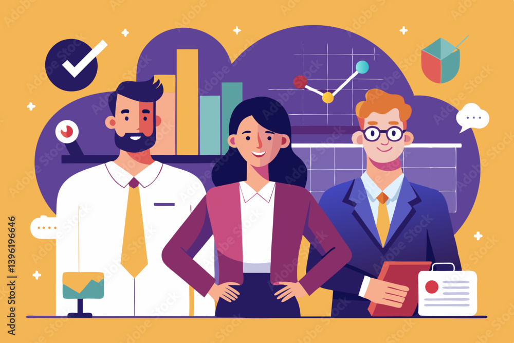 Poster illustration of a diverse team standing in front of data charts and business related icons in a mode