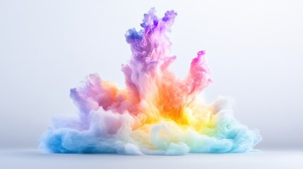 Rainbow Ink Cloud Explosion Soft Pastel Style, High-Resolution Vivid Lighting, Wide Angle Shot, Textured Swirls, Abstract Energy, White Background, Pastel Rainbow Hues, Ideal for Fantasy Art