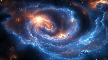 A swirling galaxy of liquid sapphire and obsidian tendrils, forming elegant, ever-shifting fractal waves, glowing softly in the cosmic abyss.