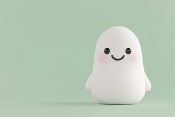 Cute ghost figurine on a mint green background.  A cheerful, cartoonish ghost character, with large, expressive eyes and a happy smile, is centrally placed against a soft, sage green backdrop.
