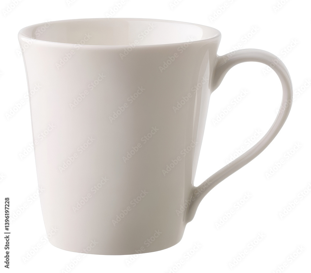 Poster white ceramic mug with a smooth finish and curved handle isolated on a transparent background