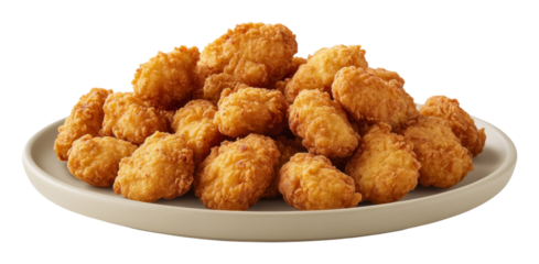 A plate full of crispy golden chicken nuggets on transparent background