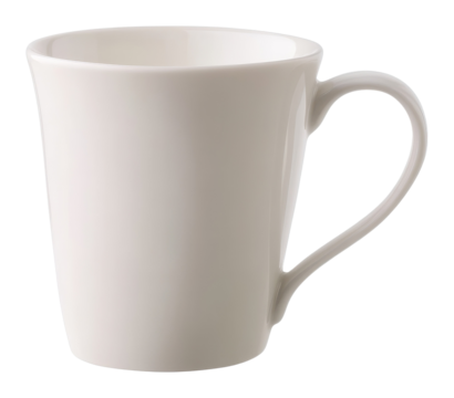 White ceramic mug with a smooth finish and curved handle isolated on a transparent background