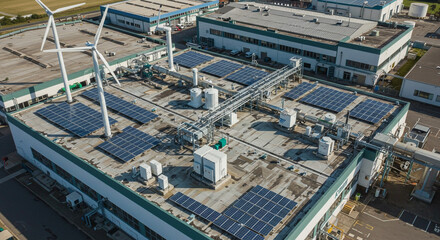 A sprawling factory embracing sustainable energy, powered by a network of solar panels and wind turbines, showcasing a commitment to clean technology and a brighter future.