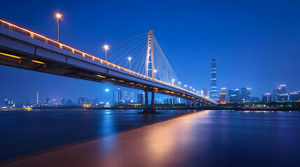 Fototapeta premium Night City Skyline With Cable Bridge Reflecting in Water
