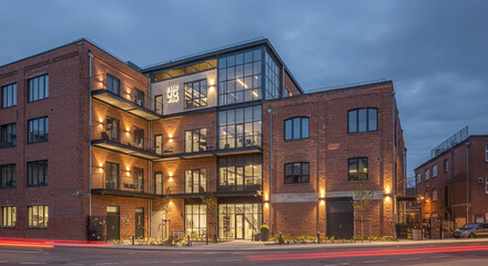 A modern, eco-conscious office building bathed in the soft glow of twilight, showcasing a vibrant, collaborative workspace with lush green rooftop gardens and expansive glass windows.