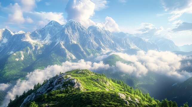 Aerial view of green mountain range with snow capped peaks under a cloudy blue sky landscape scene