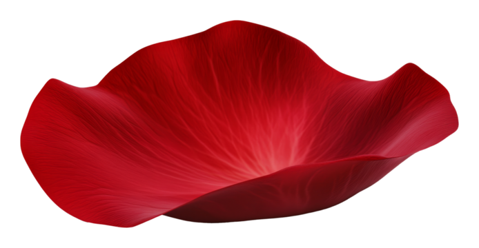 Red rose petal with delicate veining, isolated on transparent background, close-up view