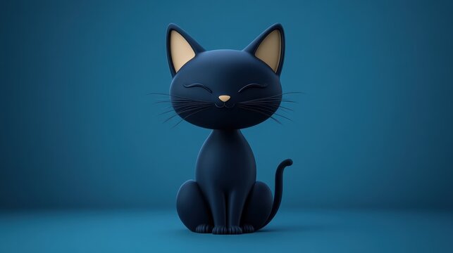 Adorable 3D Cat with Closed Eyes on a Blue Background Cute Animal Illustration Digital Art fo