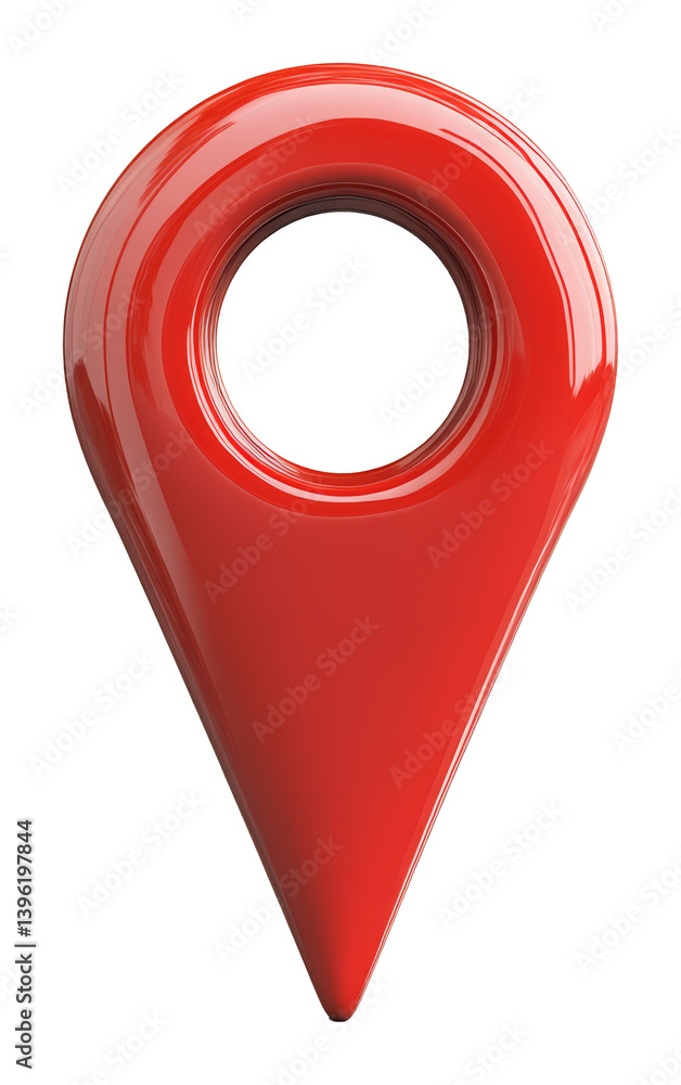 Poster red glossy location pin on transparent background, symbol of navigation and mapping
