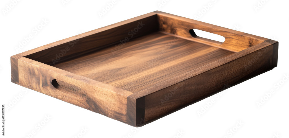 Poster rectangular wooden serving tray with smooth finish and handles on a transparent background