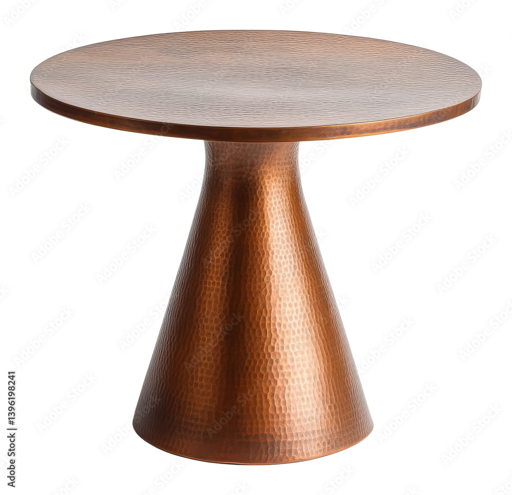 Poster round hammered copper table with smooth top and tapered base on a transparent background