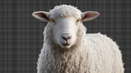 Fototapeta premium White sheep stares, farm fence background, animal portrait, agricultural use