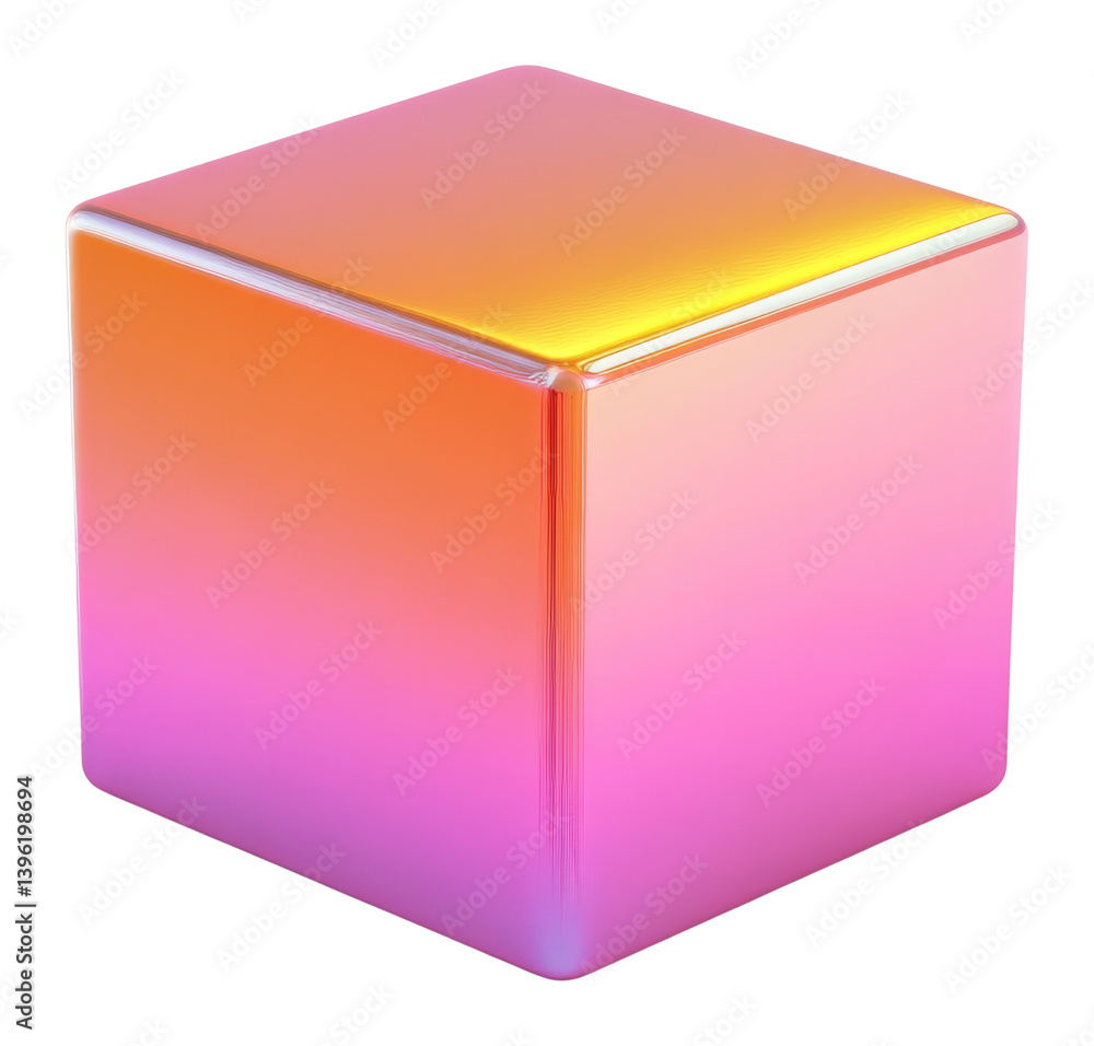 Poster gradient cube with vibrant orange and pink hues on transparent background, 3d rendering of colorful 