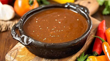 Silky Korean doenjang dipping sauce a traditional black dish savory and fermented served with fresh vegetables