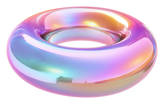 Reflective rainbow-colored inflatable ring with iridescent glow on transparent background, 3D digital artwork - Powered by Adobe