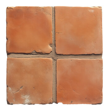 Closeup of four rustic orange terracotta tiles in a square pattern on transparent background