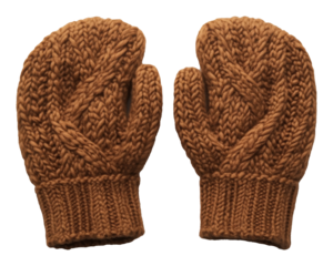 Pair of brown knitted wool mittens with cable pattern on transparent background