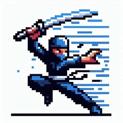Fototapeta premium Pixel Art Ninja Dynamic Blue Warrior Suitable for Modern Decor
