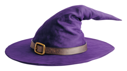 Purple wizard hat with leather band and buckle on transparent background