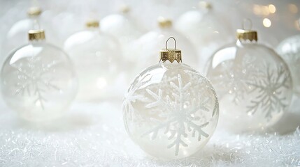 Elegant glass Christmas baubles frosty snowflake patterns arranged artistically on a white background with soft lighting