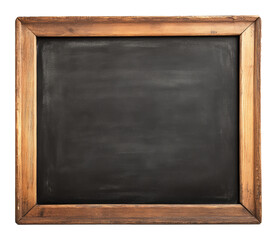 Empty black chalkboard with wooden frame on a transparent background