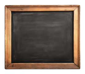 Empty black chalkboard with wooden frame on a transparent background