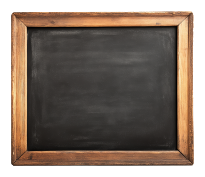 Empty black chalkboard with wooden frame on a transparent background