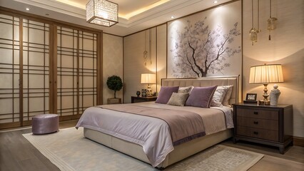 Obraz premium Bedroom interior with a large bed, nightstands, and decorative sliding doors with a modern chandelier