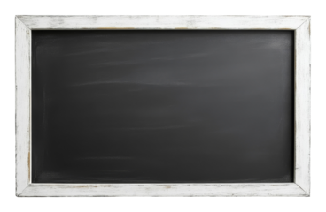 Empty black chalkboard with white wooden frame in a classroom setting on transparent background