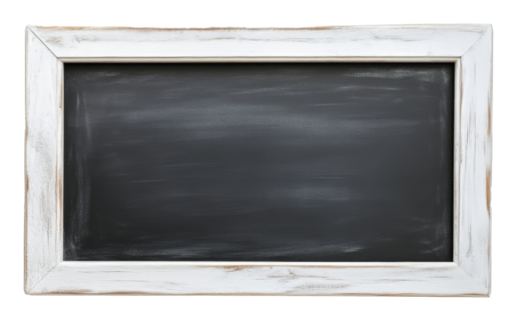 Empty black chalkboard with rustic white wooden frame on transparent background, education concept