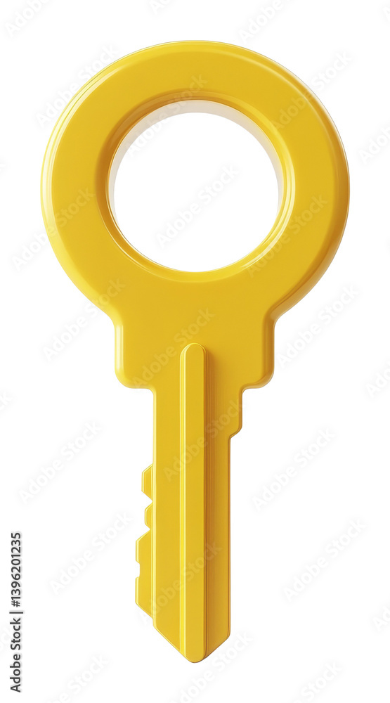 Poster yellow key on transparent background, simple design of realistic 3d object