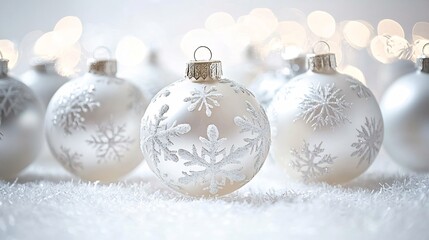 Elegant glass Christmas baubles frosty snowflake patterns arranged artistically on a white background with soft lighting