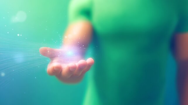 A Person Gently Holding a Glowing Orb of Light with Emanating Rays Against a Soft Green Background