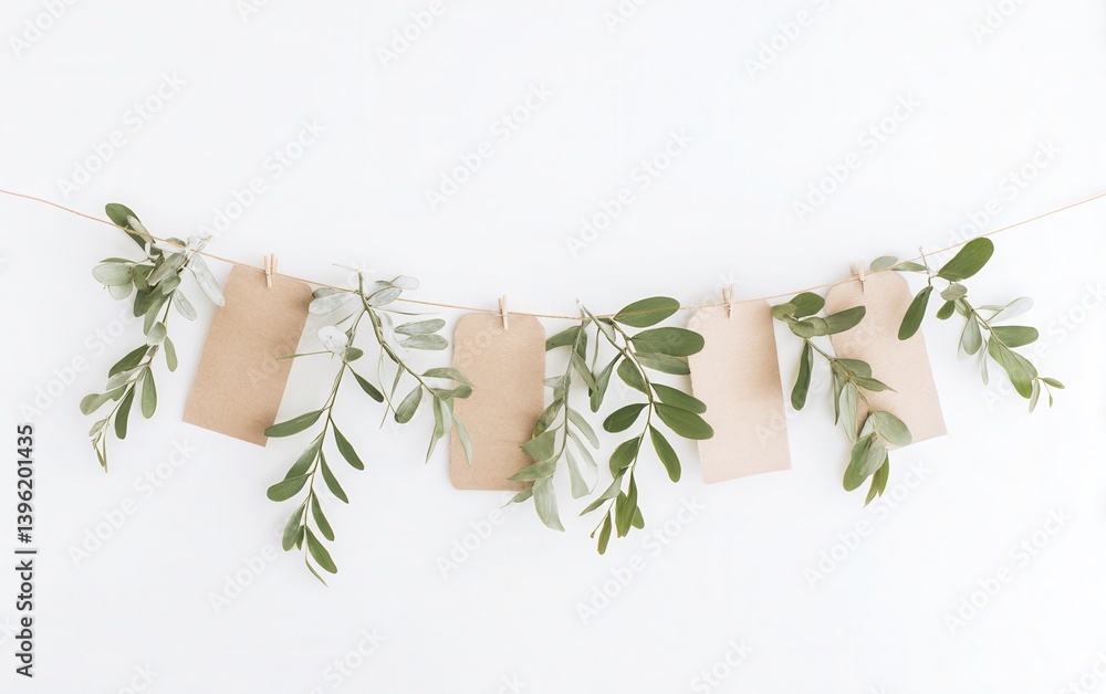 Poster four festive cards featuring colorful designs are displayed on a string adorned with fresh green lea