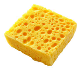 Yellow square sponge with porous texture on transparent background, cleaning tool concept