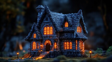 Obraz premium Cozy Pixelated House Illuminated at Night with Warm Lights and Lanterns Ideal for Fantasy Hal