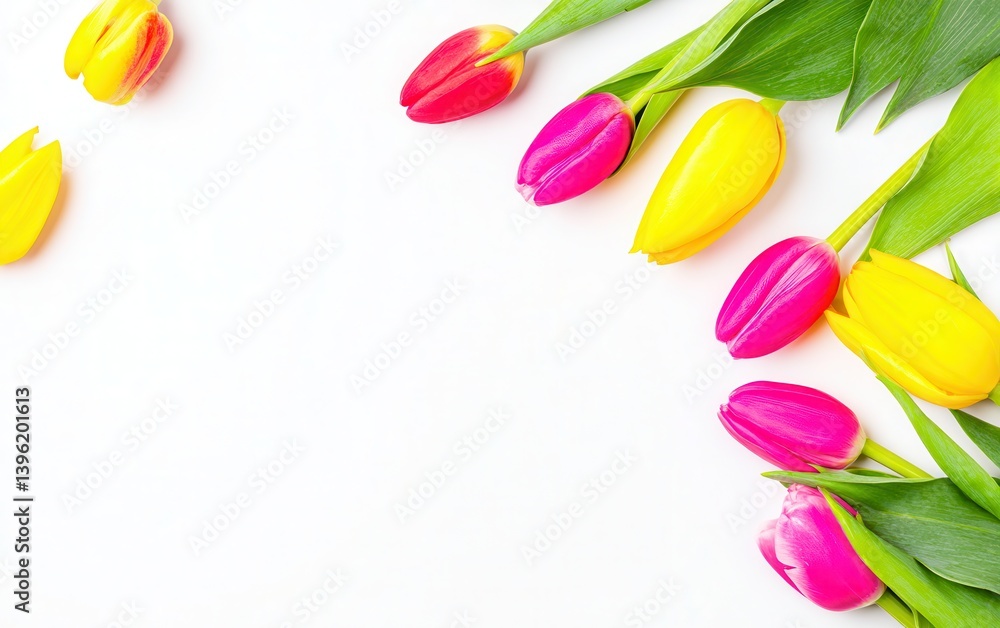 Poster a vibrant display of various colored tulips arranged on a clean white surface, symbolizing the joy o