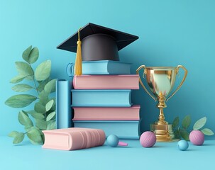 Graduation Cap on Books with Trophy in Minimalist Style for Education Concept
