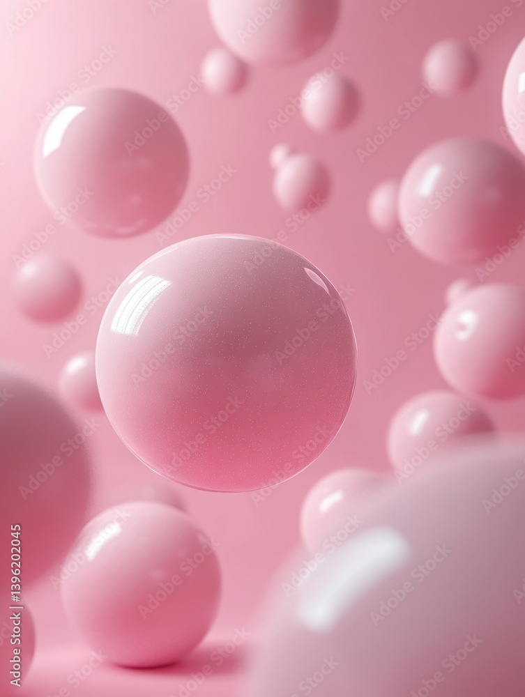 Poster minimalist pink platform display with floating spheres abstract art concept for product presentation