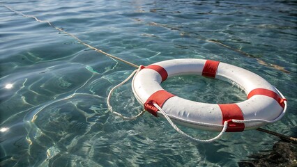 Naklejka premium A lifebuoy with red stripes floating on the surface of clear blue water with a rope attached to it