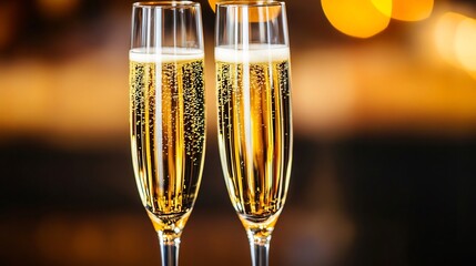 Elegant holiday champagne toast close up of two champagne flutes clinking together golden liquid bubbling inside