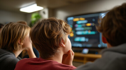 Kids testing robot movement on classroom floor, colorful learning posters behind